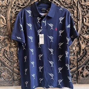 NWT POLO RALPH LAUREN Size XL Custom Slim Fit Navy Blue Sailfish Pique Cotton